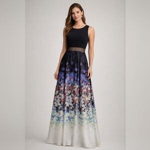 Betsy & Adam Floral Maxi Dress Size 2 Black Illusion Waist Formal Gown